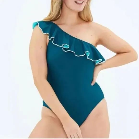 NWT Summersalt Sidestroke The Ruffle Teal One Shoulder Swimsuit, 8 - Picture 1 of 7